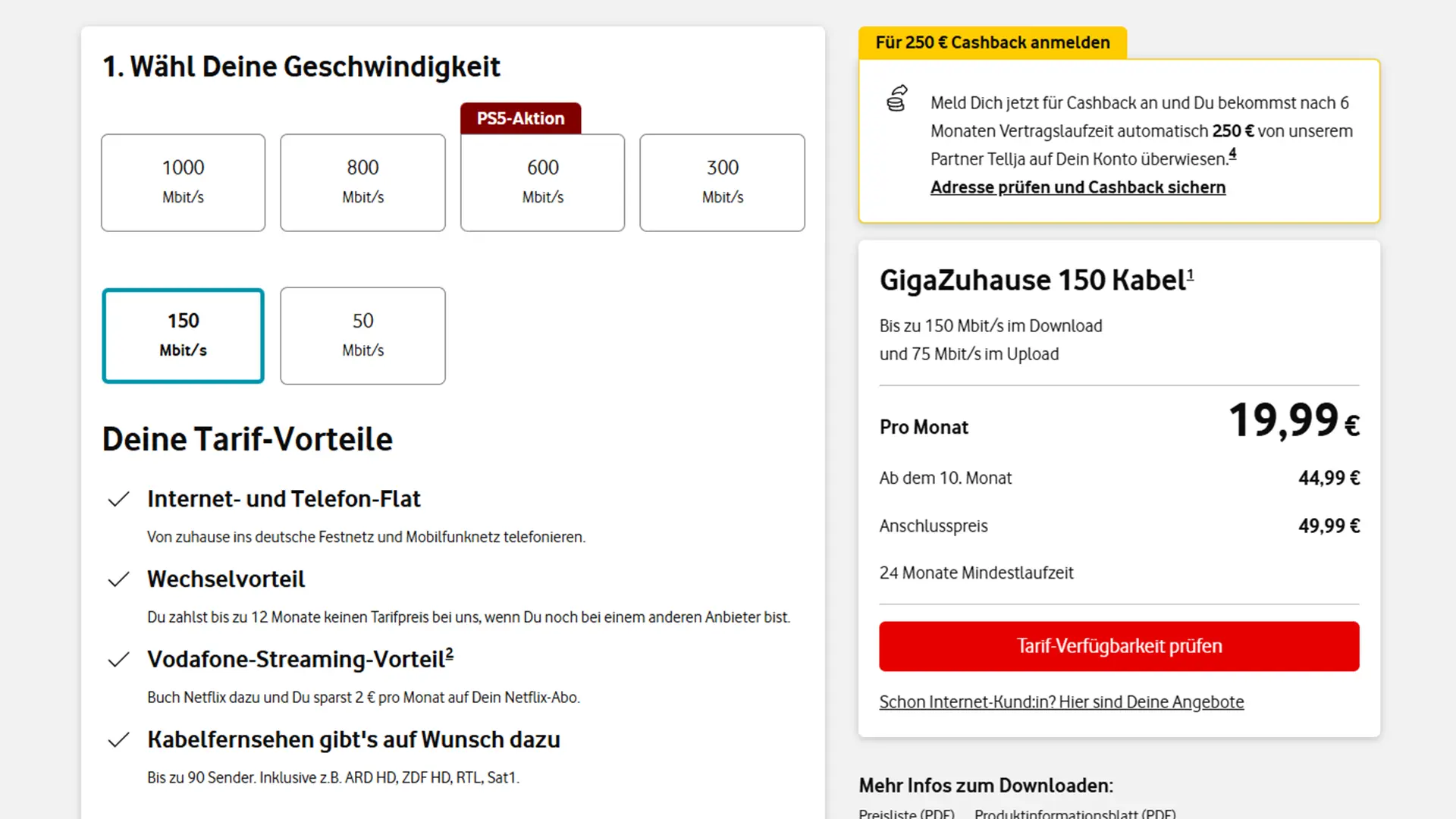 Der GigaZuhause 150 Kabel ist der stärkste Deal der Aktion: günstiger Startpreis kombiniert mit satten 250 € Cashback.