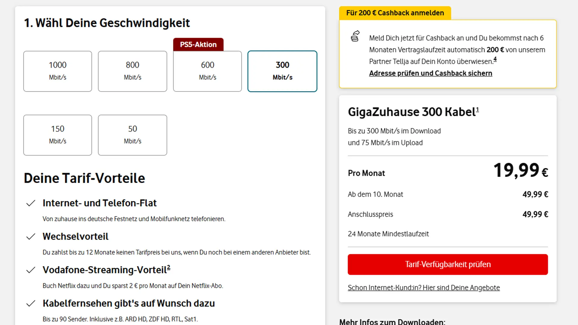 Der GigaZuhause 300 Kabel bietet euch mehr Bandbreite für parallele Nutzung, aktuell mit 200 € Cashback und reduziertem Einstiegspreis.