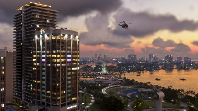 Eine Stadtlandschaft am Wasser mit Hochhaus und Hubschrauber in der Dämmerung.