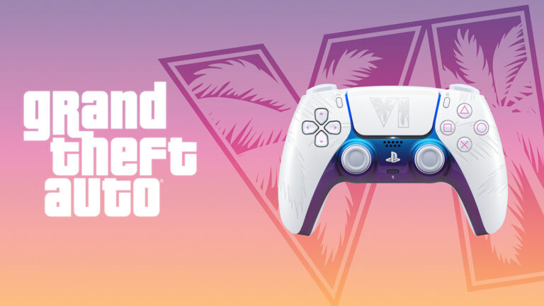 Weißer GTA-6-DualSense-Controller im Vice-City-Design
