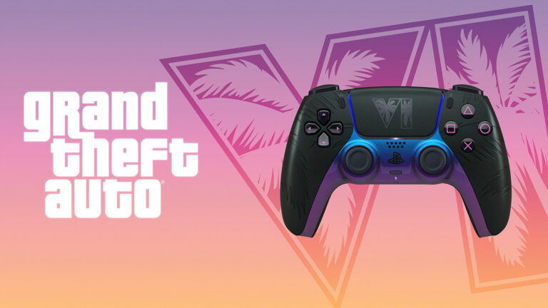 Schwarzer GTA-6-DualSense-Controller im Vice-City-Design