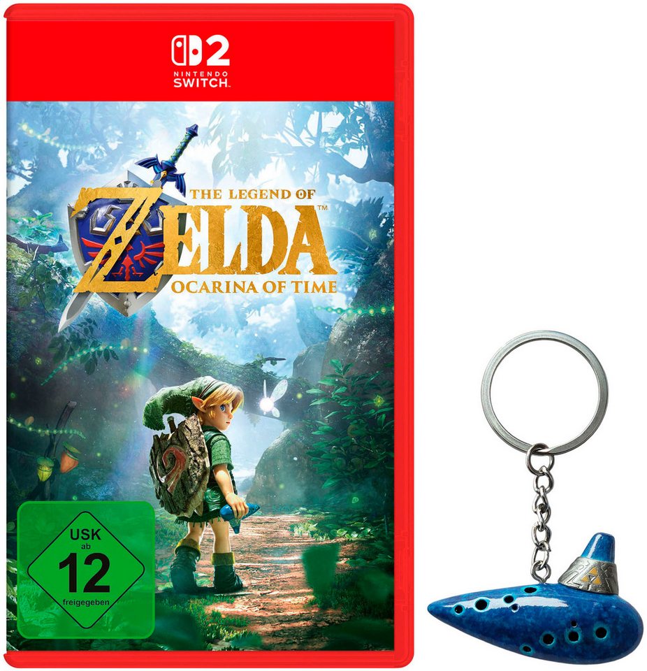 Physische Switch-2-Ausgabe von Zelda Ocarina of Time mit blauem Okarina-Schlüsselanhänger
