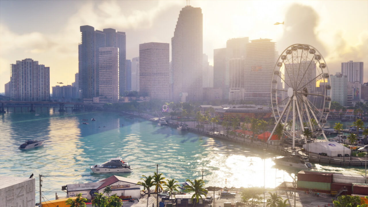Skyline von Vice City mit Booten und Riesenrad