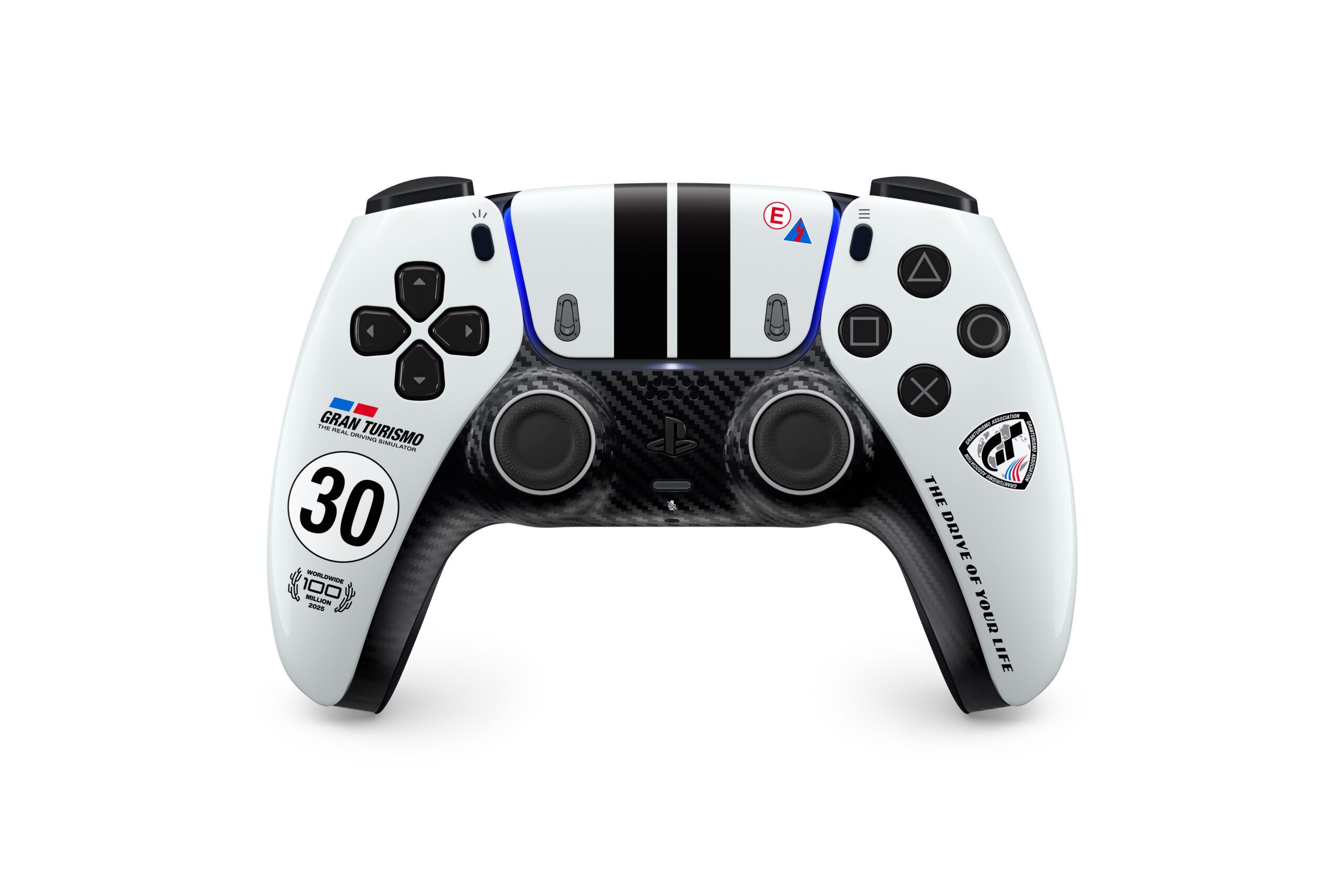 DualSense Wireless-Controller in der Gran Turismo Limited Edition mit Rennstreifen und Kohlefaser-Optik.